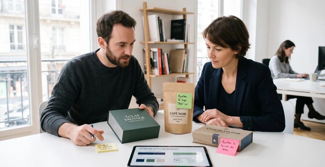 Designer packaging et responsable marketing consultant des maquettes de boîtes personnalisées sur table de travail, avec post-its annotations et tablette affichant charte graphique