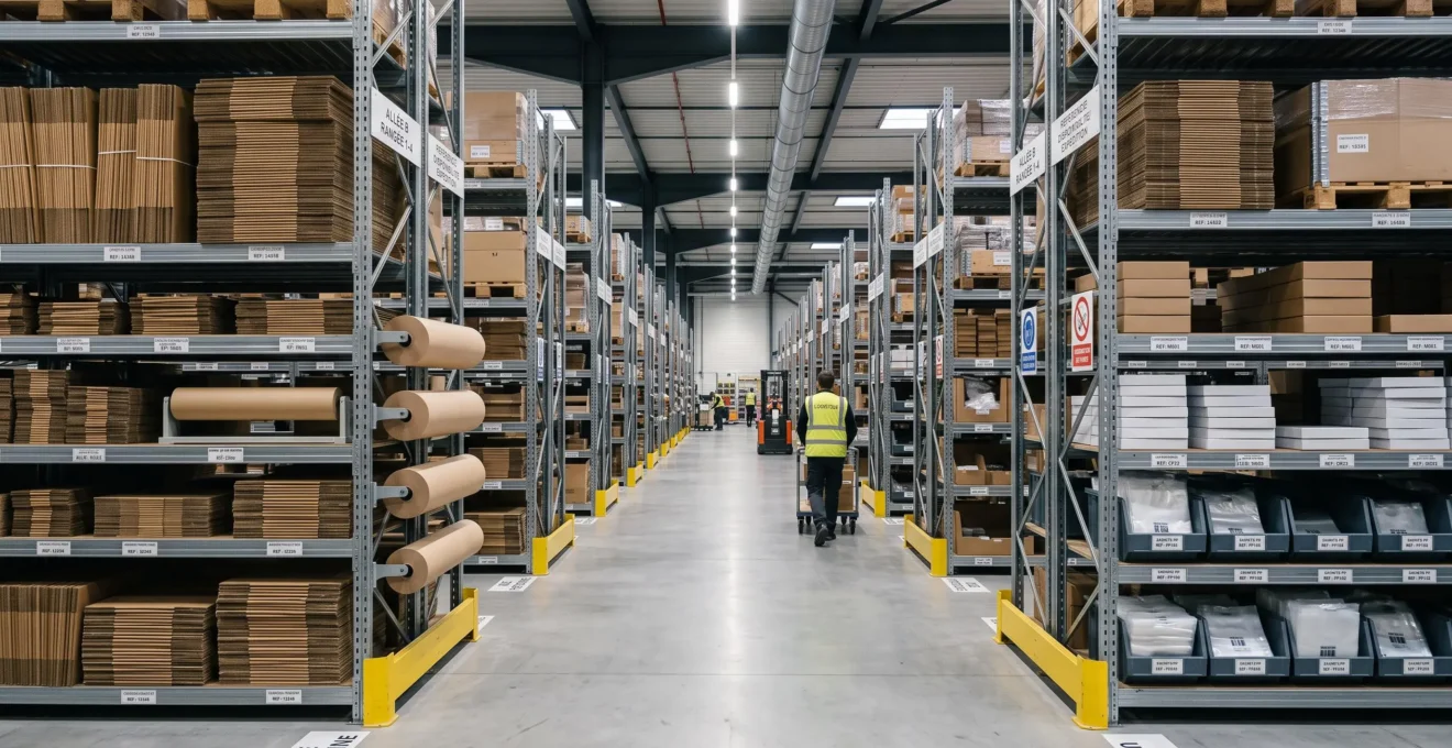 Rayonnages métalliques entrepôt stockant boîtes carton pliées, rouleaux kraft et emballages divers avec étiquetage références, allée centrale éclairée LED