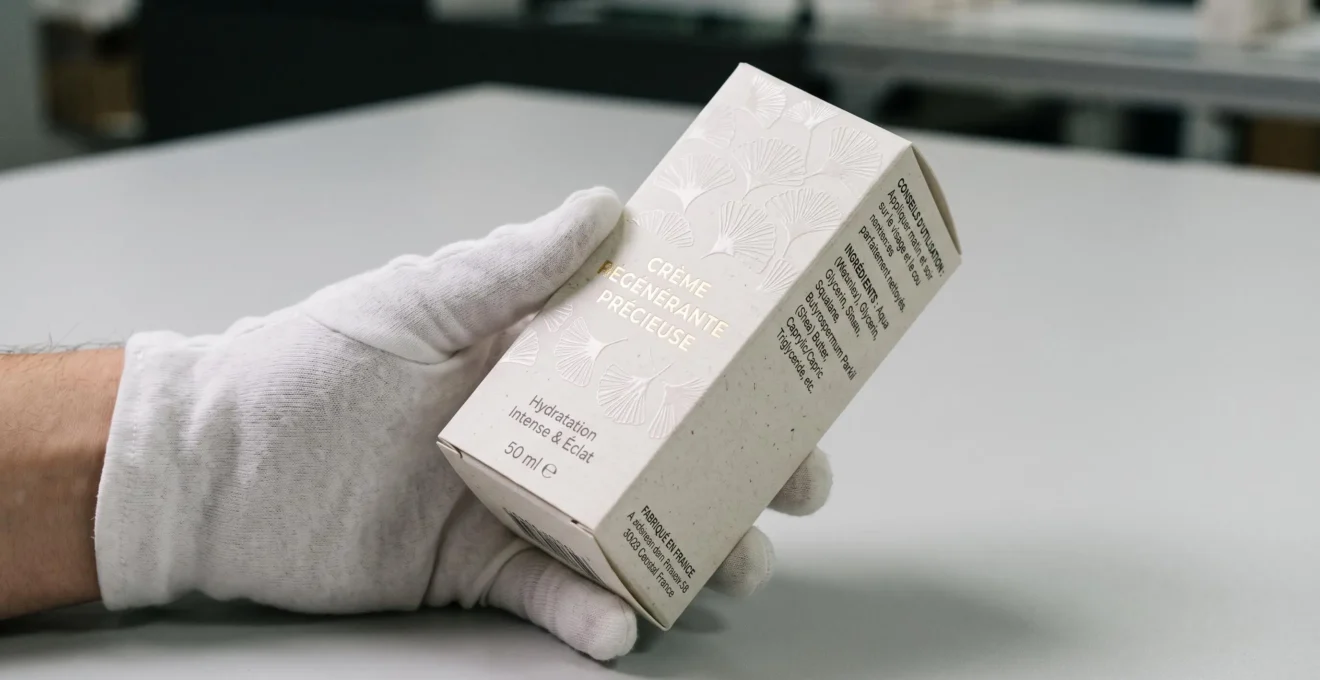 Main gantée tenant une boîte packaging cosmétique premium avec finitions dorure à chaud et vernis sélectif 3D sur fond blanc studio