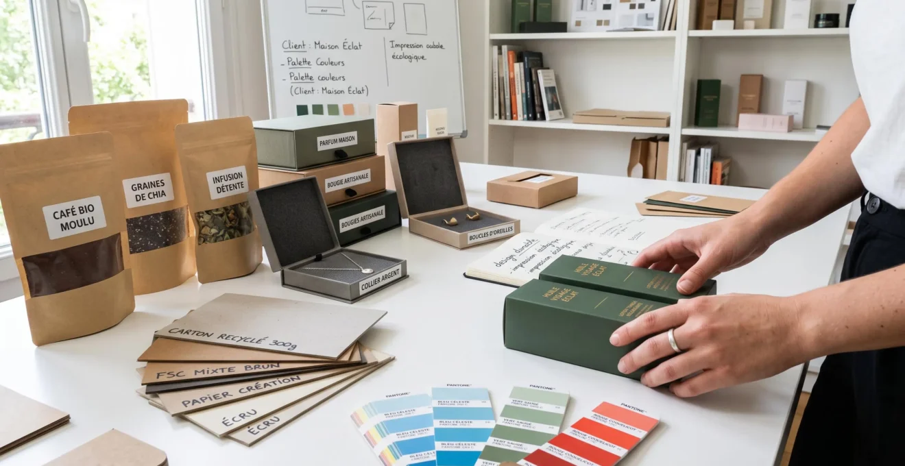 Table de studio graphique packaging avec prototypes de boîtes cosmétiques personnalisées, mains de designer ajustant une maquette, nuancier Pantone et échantillons matériaux recyclés sous lumière naturelle