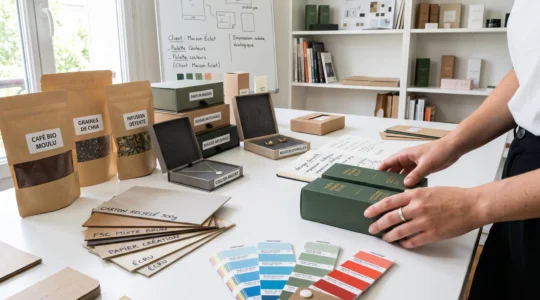 Table de studio graphique packaging avec prototypes de boîtes cosmétiques personnalisées, mains de designer ajustant une maquette, nuancier Pantone et échantillons matériaux recyclés sous lumière naturelle